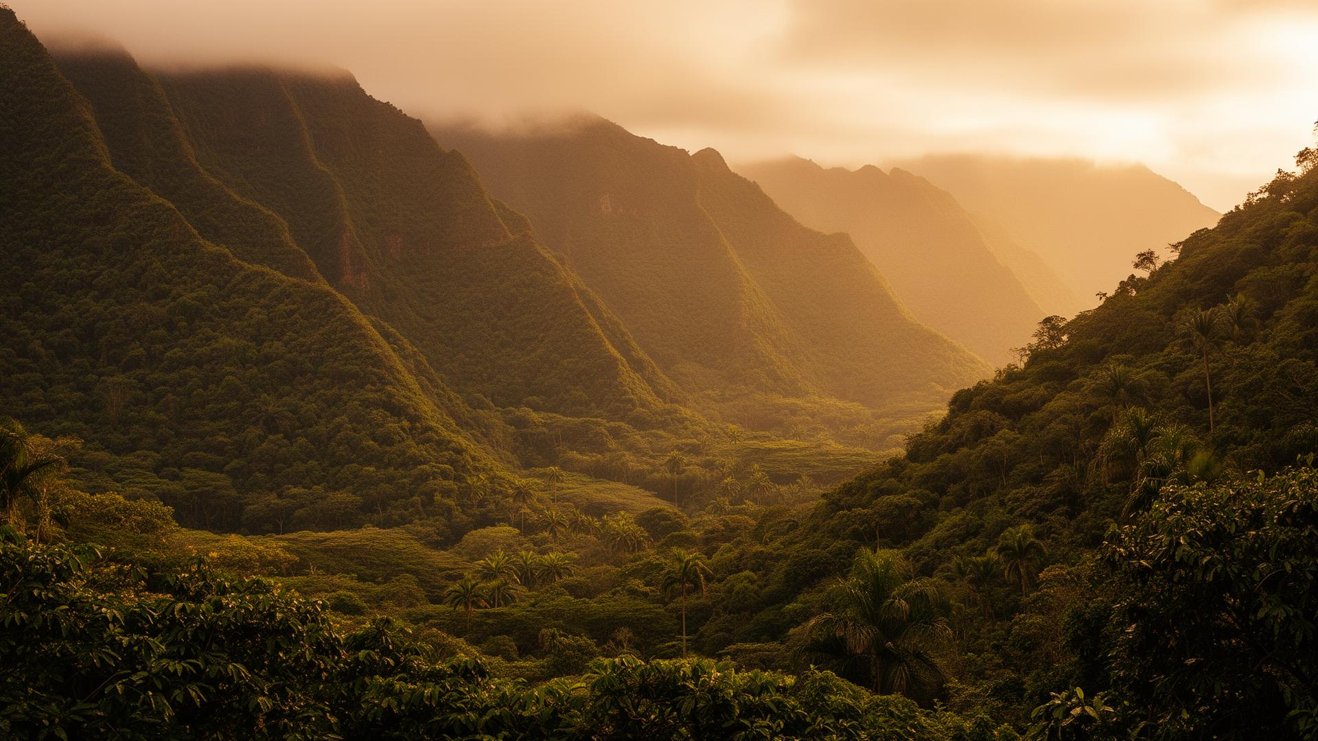 Misty Honolulu valley at golden hour